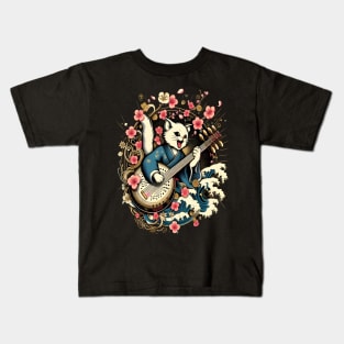 cat playing shamisen japanese Kids T-Shirt